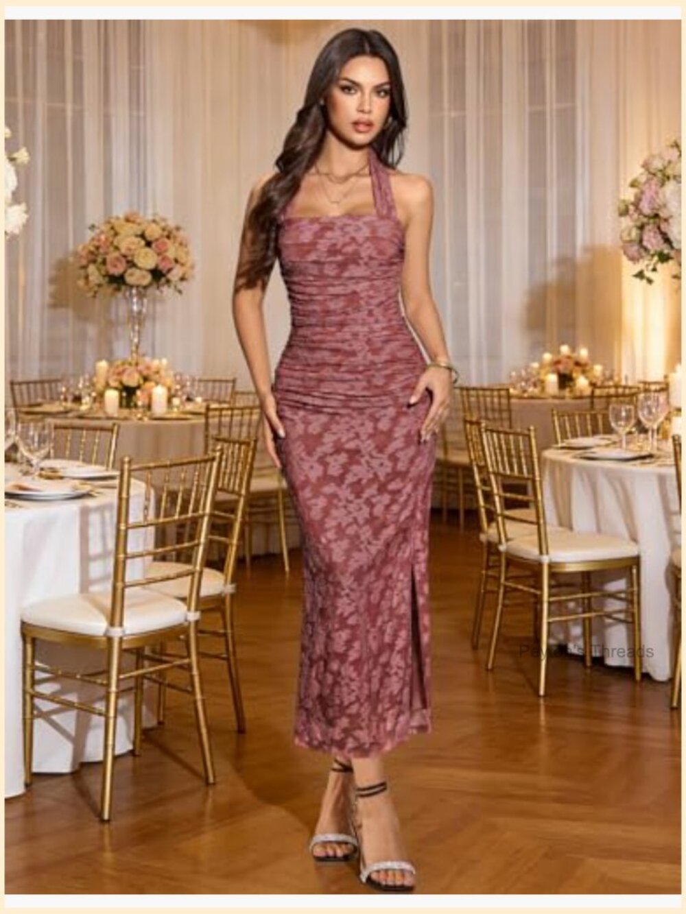 Women's Floral Halter Bodycon Backless Maxi Ruched Cocktail Party Dress - Picture 2 of 7